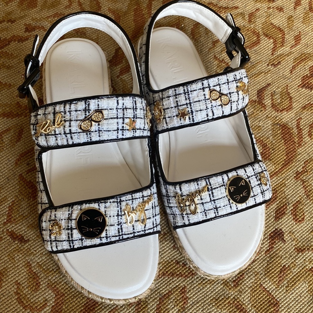 Karl Lagerfeld White and Black Tweed Embellished Sandals